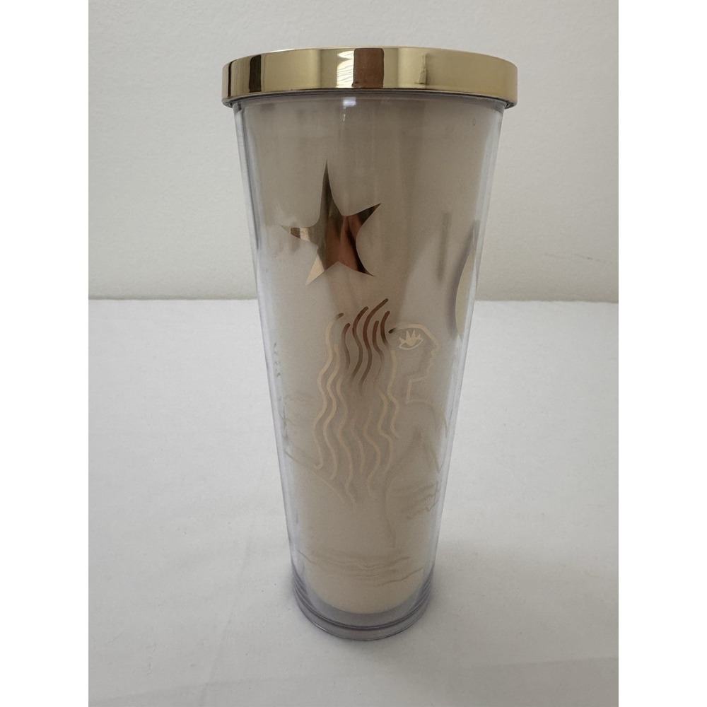 Starbucks 24oz Cold Cup Ivory Gold Mermaid Stars Missing Straw